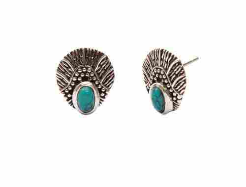 Designer Oxidised Silver Turquoise Ear Studs Jewellery Set For Parties, Wedding