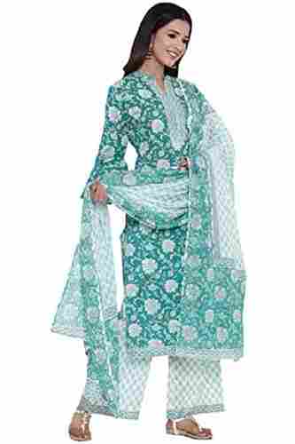 Fashionable Light Weight Sky Blue And White Printed Cotton Kurti