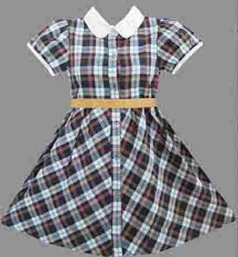 100 Percent Cotton Short Sleeve Brown And White Color School Uniform Frock For Girls