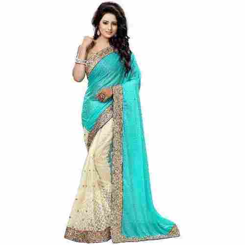 White And Sky Blue Color Designer Pattern Breathable Comfortable Ladies Saree