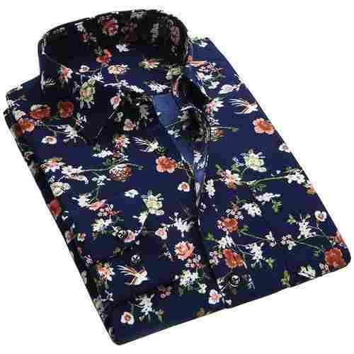 Skin Friendly Breathable Printed Blue Men Cotton Shirt For Daily Wear