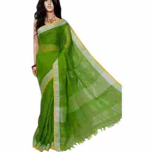 Breathable Fabric Featured Simple And Classic Wear Ladies Green Cotton Saree 