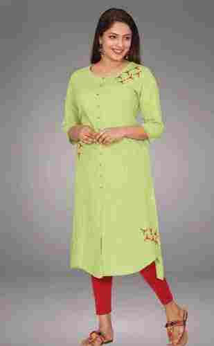 Ladies Round Neck 3-4th Sleeves Size Stylish Cotton Light Green Color Fancy Kurti