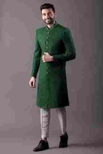 Men Full Sleeves Stylish Party Wear Comfortable And Breathable Plain Cotton Green Sherwani