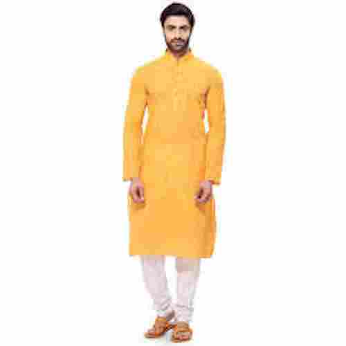 Men Full Sleeves Stylish Traditional Look Plain Cotton Yellow And White Kurta Pajama