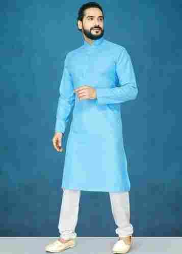 Men Full Sleeves Traditional Look Stylish Breathable Plain Cotton Blue Kurta 