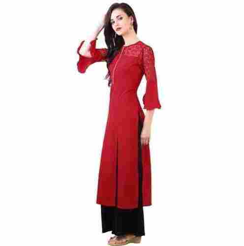 Women Casual Wear 3/4 Floral Sleeves Round Neck Plain Red Straight Cut Kurti