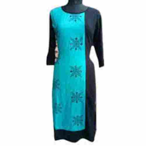Blue And Black Simple Stylish Look Breathable Full Sleeve Cotton Ladies Kurti For Ladies