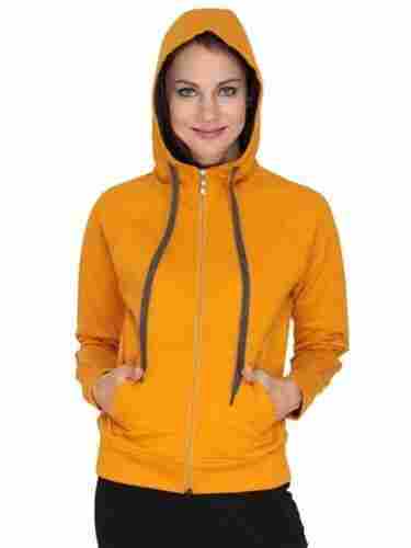 Women'S Solid Slim Fit Chained Yellow Hoodie 