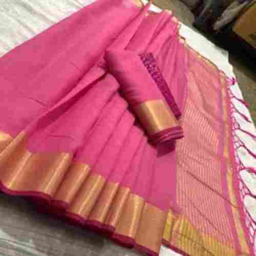 Traditional Elegant Beautiful And Breathable Stylish Pink Pure Cotton Ladies Sarees 