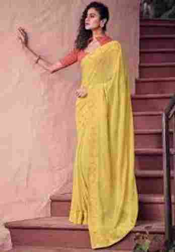 Women Designer Party Wear Comfortable Plain Cotton Yellow Saree With Unstitched Blouse Piece