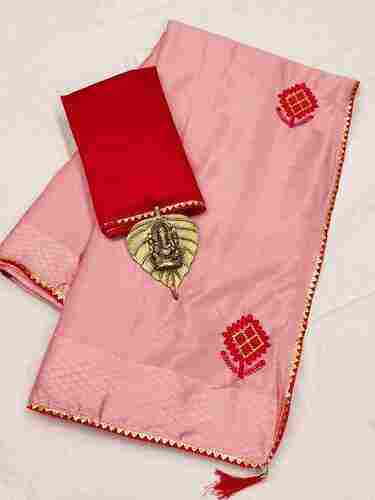 Women Elegant Look And Skin Friendly Pink And Red Embroidered Designer Saree