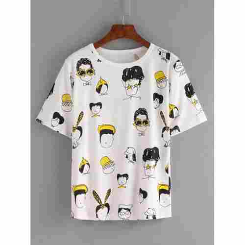 Modern And Trendy Half Sleeve White Casual Cartoon T Shirt For Ladies