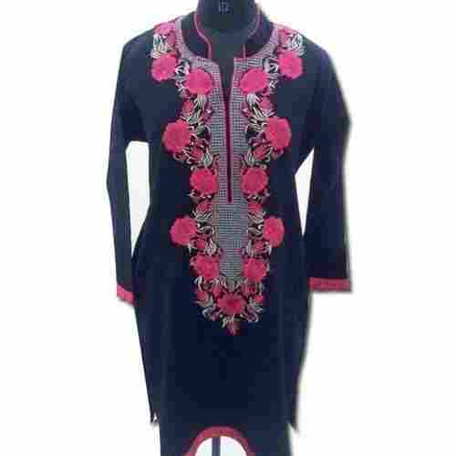 Black And Pink Collor Neck Full Sleeve Breathable Designer Kurtis For Ladies