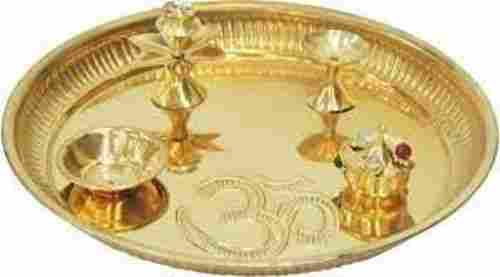 Brass Pooja Thali Set With Golden Rim And Good For Daily Rituals