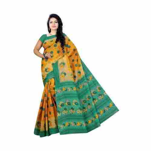 Party Wear Printed Handwoven Zari Work Yellow & Green Cotton Silk Saree For Ladies