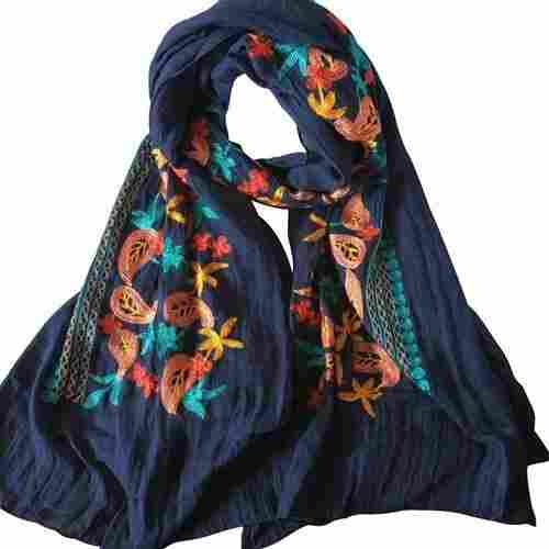 Cotton Black Ladies Casual Wear Embroidered Scarf 