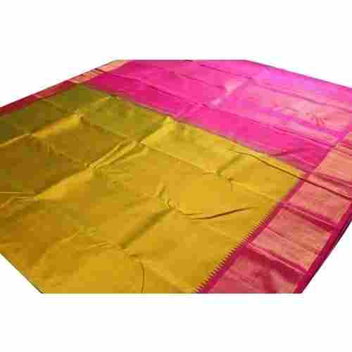 Party Wear Skin Friendly Pink And Golden Pure Cotton Silk Sarees With Blouse Piece 