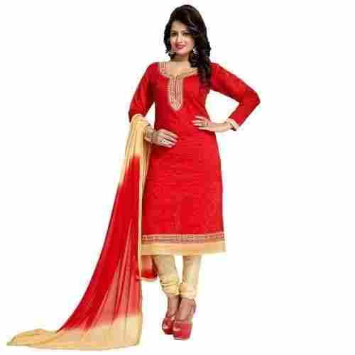 Women Full Sleeves Round Neck Party Wear Printed Cotton Red And Cream Suit