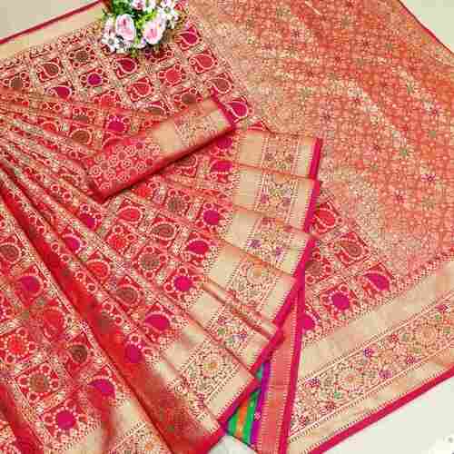 Party Wear Skin Friendly Pretty Red Printed Bandhani Silk Sarees With Blouse Piece Set