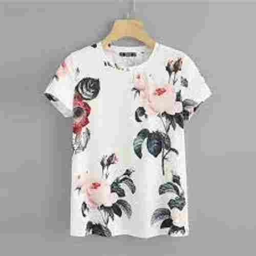 Women Round Neck And Short Sleeves Breathable Beautiful Floral Print White T-Shirt