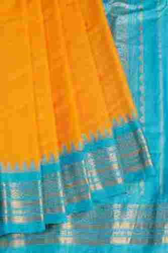 Casual Wear Comfortable Orange And Blue Cotton Silk Sarees With Blouse Piece Set 
