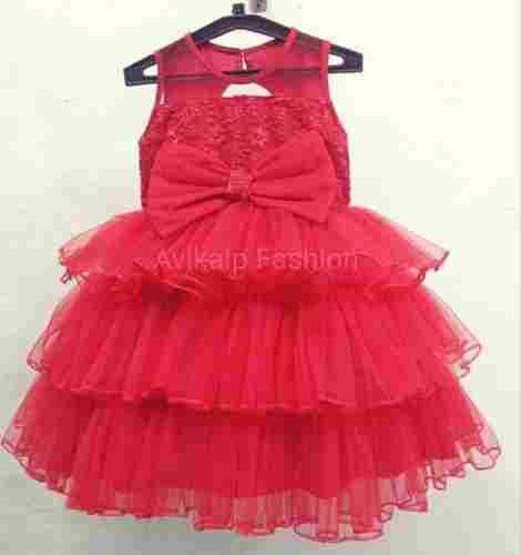 Party Wear Breathable Stylish Sleeveless Red Model Frock For Girl