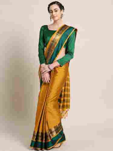 Plain Pattern Yellow And Green Color Cotton Silk Saree With Matching Blouse Piece