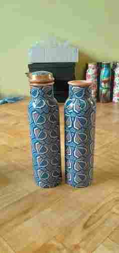 Blue and White Colour Printed Round Shape Copper Bottles with Screw Cap