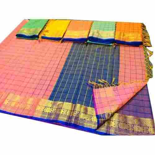 Women'S Stylish Fancy Party Wear Dry Clean Checked Yellow Silk Cotton Sarees
