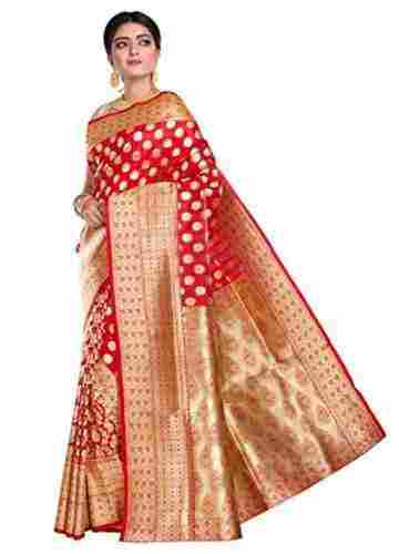 Red And Yellow Dotted Printed Art Silk Saree 