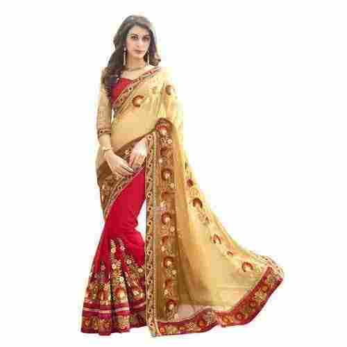 Women Designer Elegant Look Party Wear Red Golden Printed Saree With Unstitched Blouse