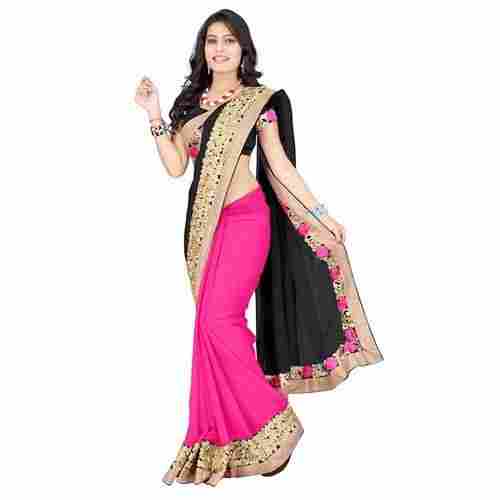 Women Stylish Party Wear Breathable Plain Cotton Pink Black Saree