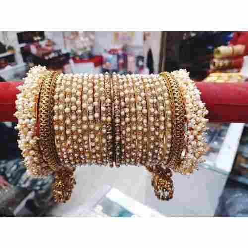 Ladies Party Wear Brass Round Lmitation-Pearl Traditional Bangles Set