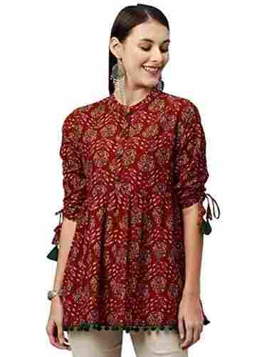 Traditional Style Three-Quarter Sleeves Round Neck Cotton Floral Maroon And Green Printed Women Top 