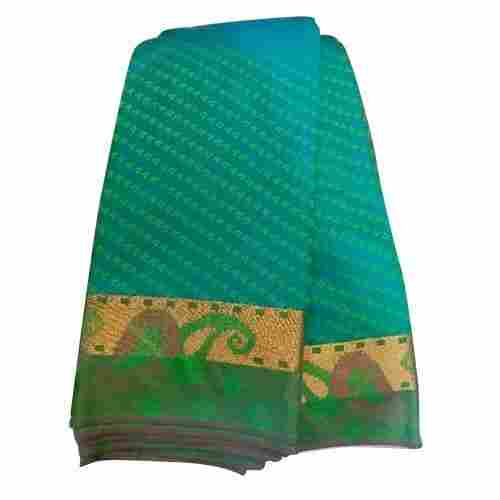 Thread Work Printed And Stones Green Color Cotton Silk Saree 