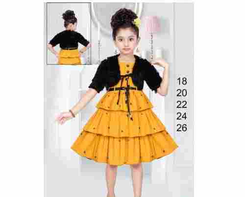 Yellow And Black Fancy Short Sleeves Plain Frock Dress For Girls Party Wear