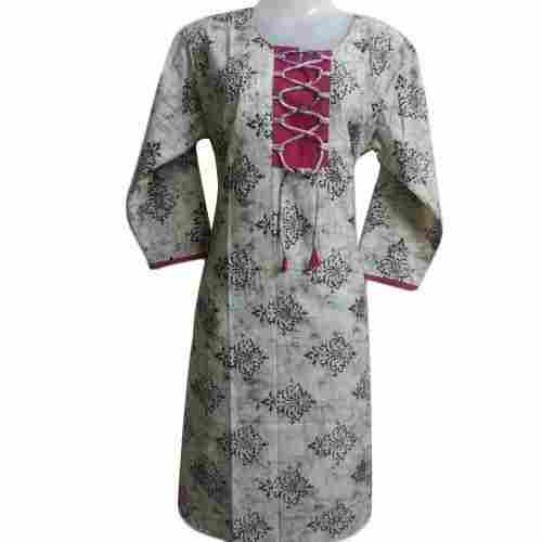 Simple Elegant And Stylish Look Casual Wear 3/4th Sleeve Printed Round Neck Cotton Kurti