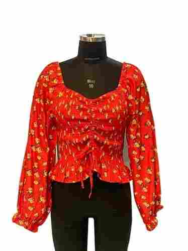Simple Elegant And Stylish Look Half Sleeve Party Wear Red Cotton Printed Top For Ladies