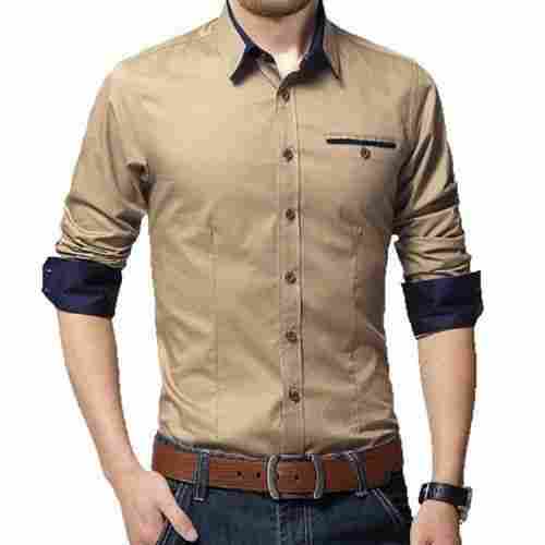 Soft Comfortable Collar Neck Brown Full Sleeve Cotton Casual Shirt For Men