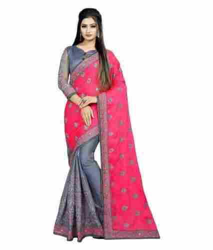 Women Comfortable And Stylish Designer, Pure Pink Cotton Embroidered Chanderi Saree