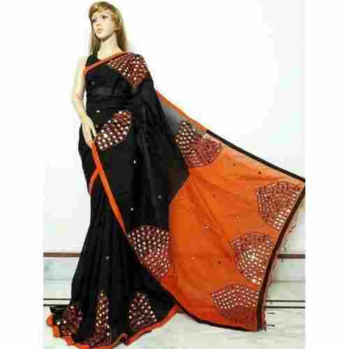 Printed And Stones Black With Red Color Cotton Silk Fancy Saree 
