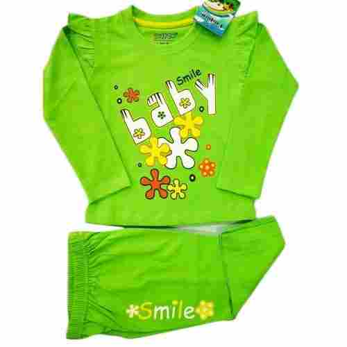 Skin Friendly Wrinkle Free Green Printed T Shirt And Lower Set For Girls 