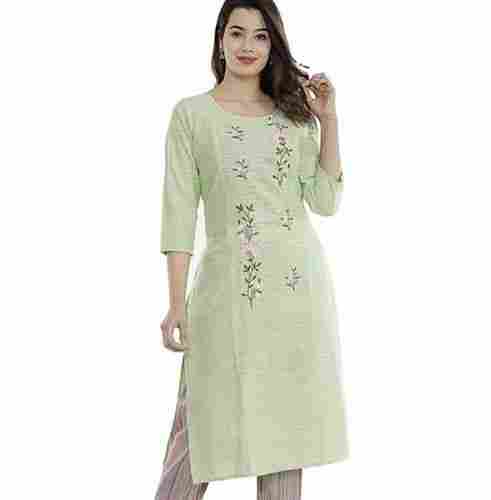 Women 3/4 Sleeves Round Neck Casual Wear Floral Print Cotton Light Green Kurti