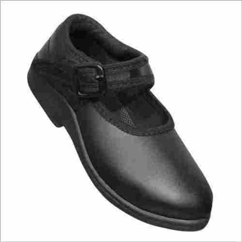 Girls Daily Wear Black Colour Leather School Shoes with Adjustable Strip and 4-6-8 Inch Size