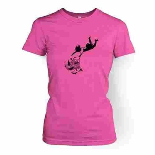 Round Neck Short Sleeves All Ages Pink Cotton Printed T Shirt For Ladies
