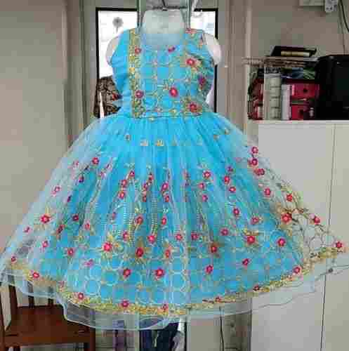 Breathable Stone Decoration Embroidered Fabric Net Sky Blue Sleeveless Modern Girls Frock 