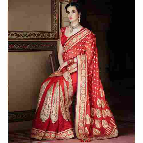Womens Beautiful And Heavy Zari Silk Blend Red Bridal Saree With Unstitched Blouse