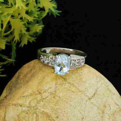 925 Sterling Silver Blue Topaz With White Zircon At Side Ring