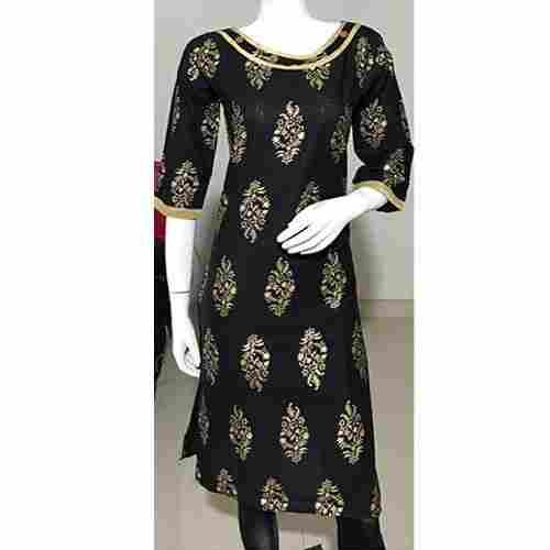 Black Round Neck 3/4-Th Sleeve Simple Elegant And Stylish Look Designer Cotton Kurti For Ladies